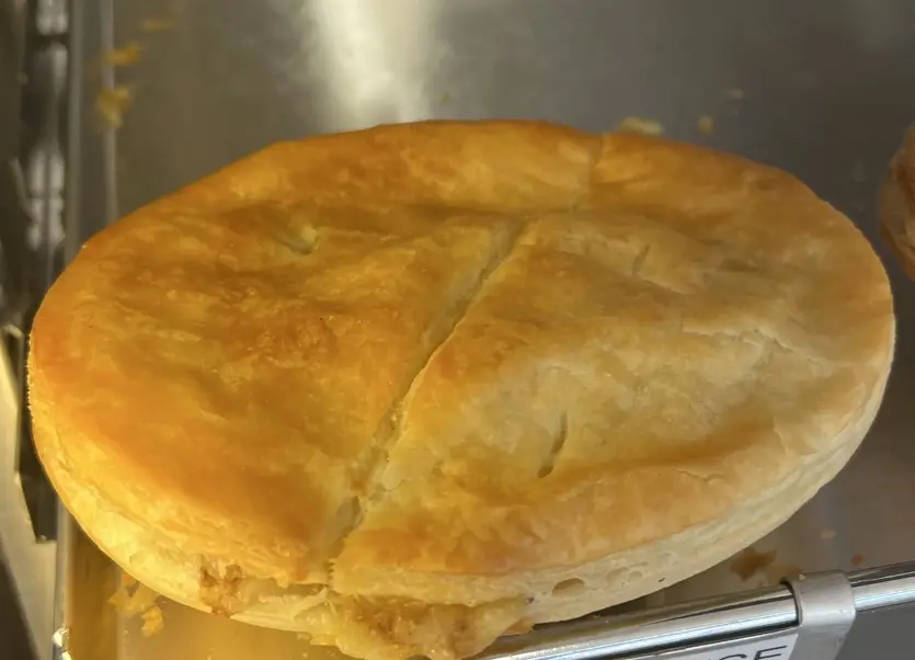 Pies in the warmer at Greenland Bakery